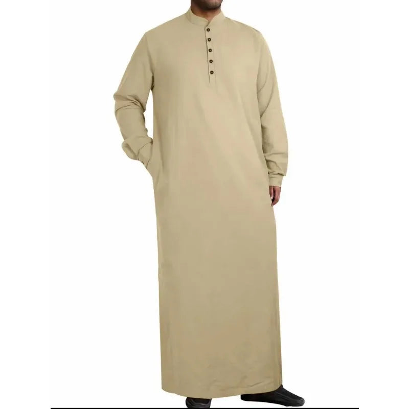 Simple Arabic Thobe for Men Long Stand Collar Button Down Robe Islamic Muslim Jubba Casual Prayer Wear