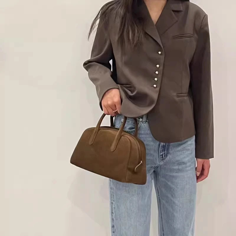 Nothingwritten Suede Leather Bowling Bag Handheld Boston Bag Women's Handbag Korean Sle Hard Handle Canvas  Zipper Cl...