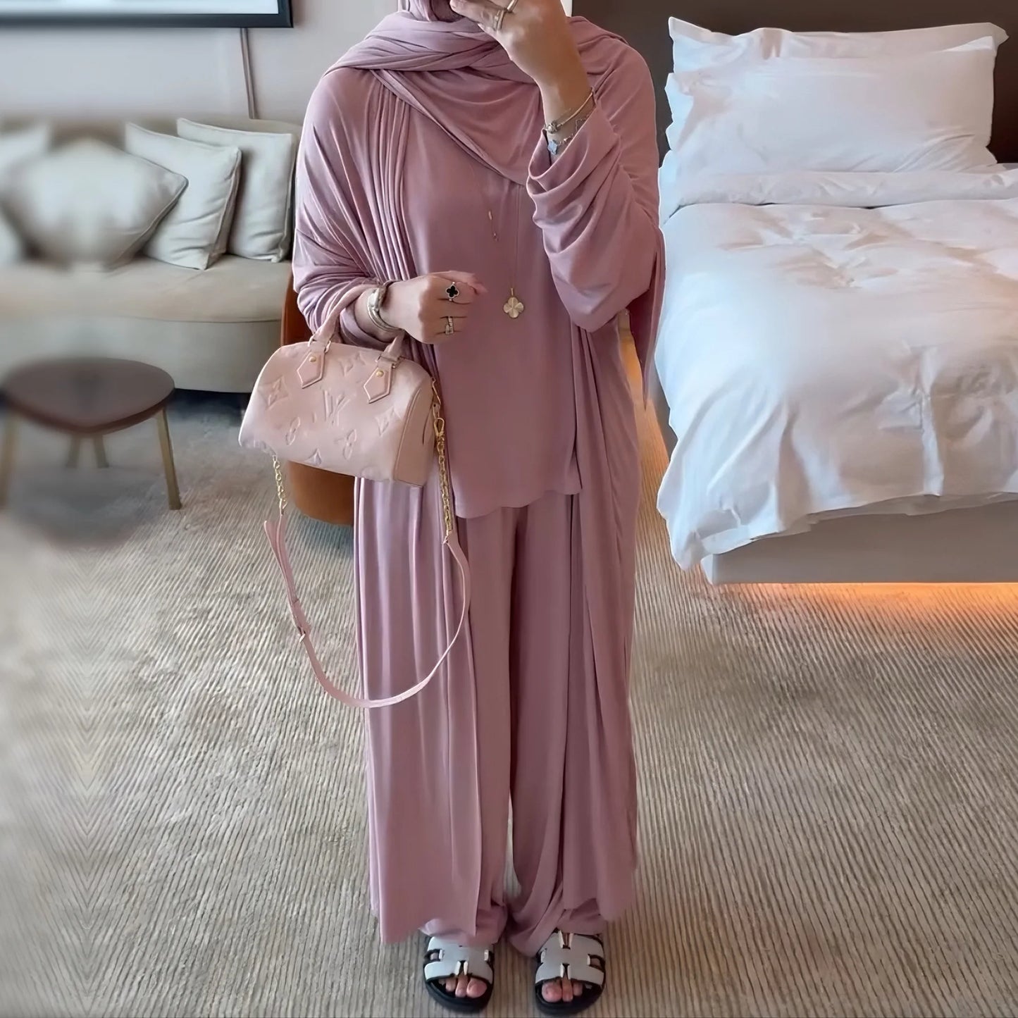 Muslim 3 Piece Set Women Cardigan Shirt Wide Leg Pant Blouse Top Suit Musulman Ensemble Dubai Casual Femme Outfits Solid Casual