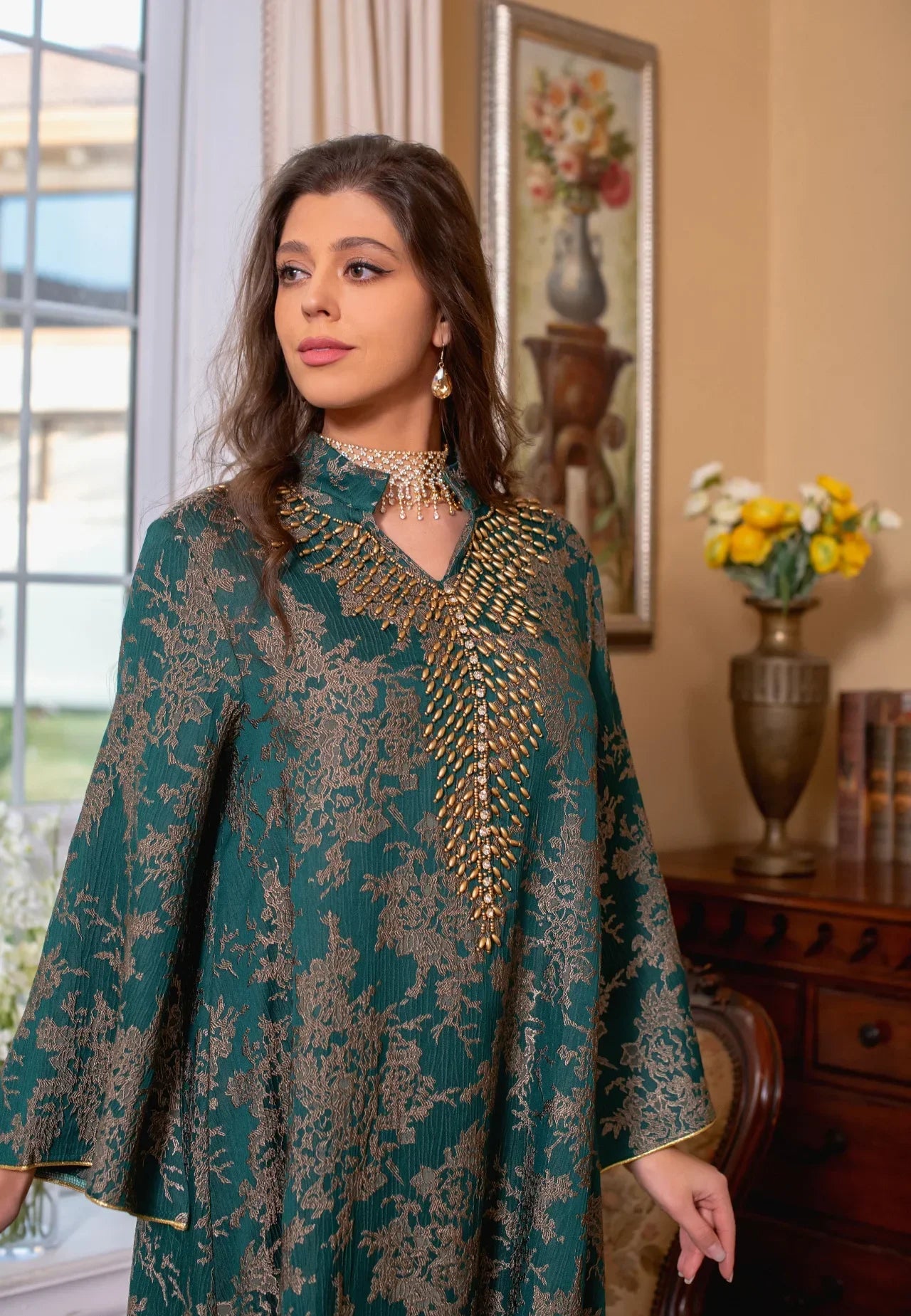 Eid Muslim Dress for Women Abaya Beading Stand Collar Jalabiya Morocco Party Dresses Abayas Kaftan Abaya Vestidos Arab Long Robe