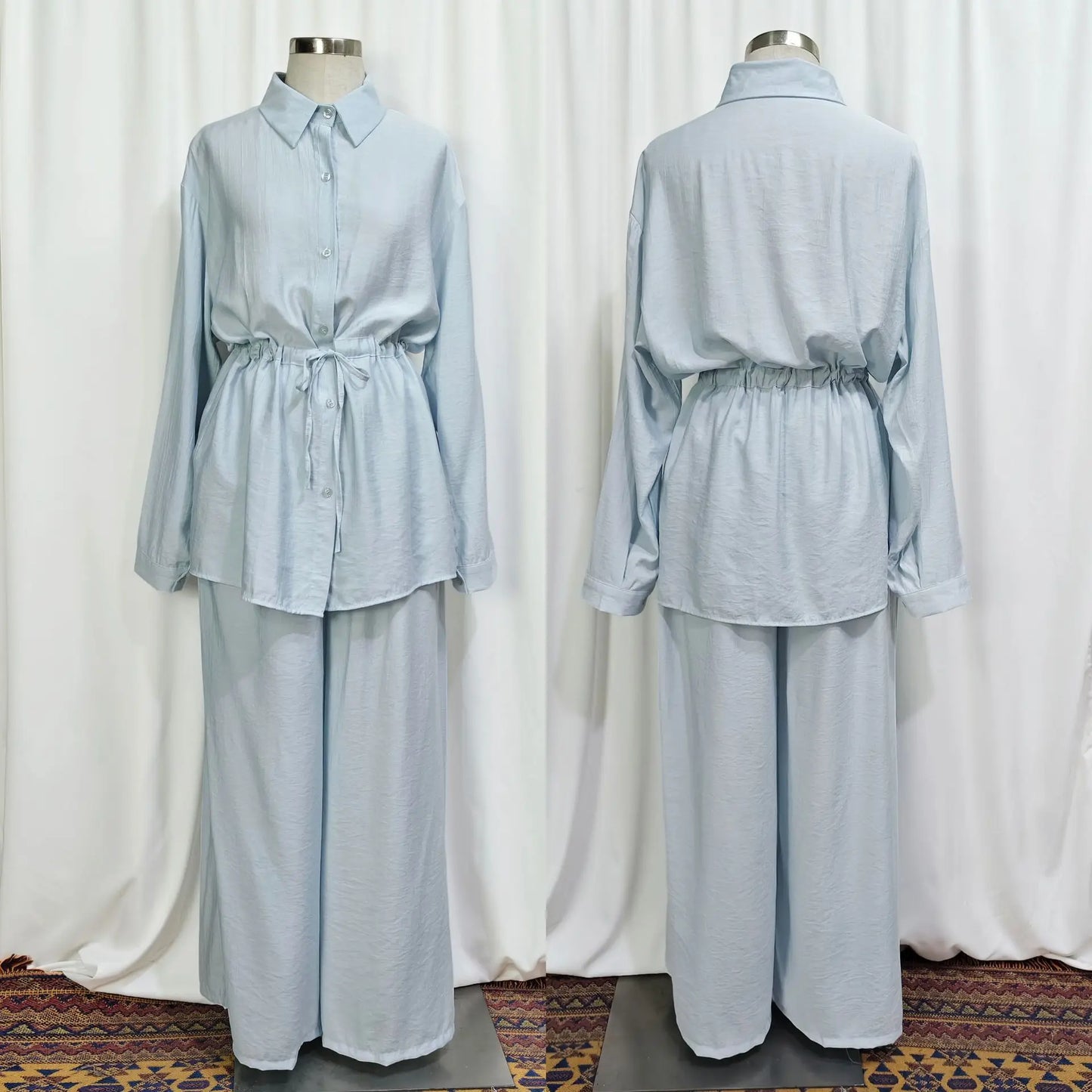 Turn Down Collar Rope Laced 2 Piece Set Women Clothing Wide Leg Pants Ramadan Prayer Dubai Islamic Clothes Turkish Abaya