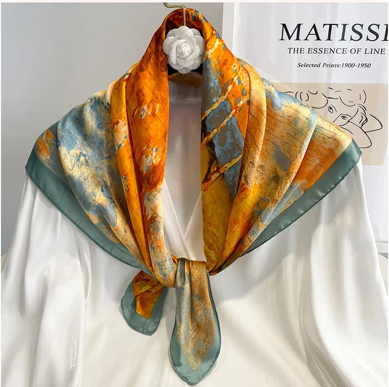 Handkerchiefs Hair Silk Scarf 70*70cm Print Satin Big Square Silk Scarves Shawls For Women Luxury Brand Designer Hijab Headband