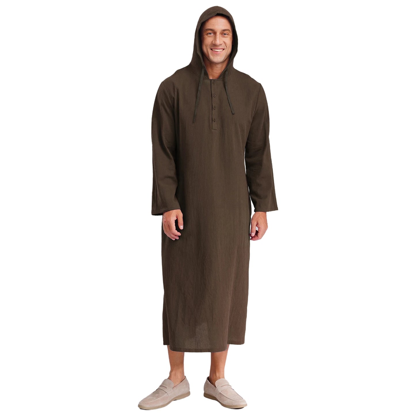 Mens Jubba Thobes Linen Muslim Robe Hooded with Pockets Middle East Islam Arabic Moroccan Kaftan Eid Prayer Long Robe Dress