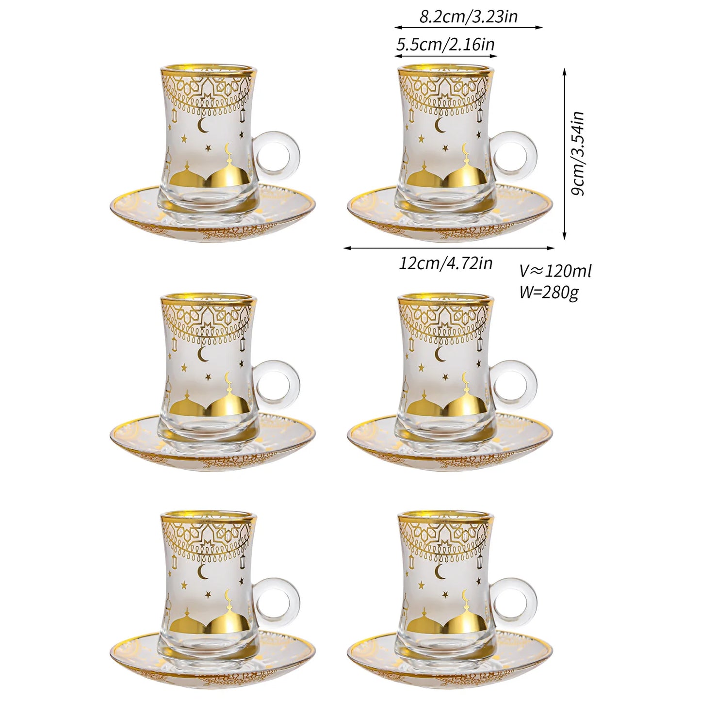 6 Pack Creative Transparent Glass Mug Hot Gold Embossed Flower Glass Coffee Latte Mug
