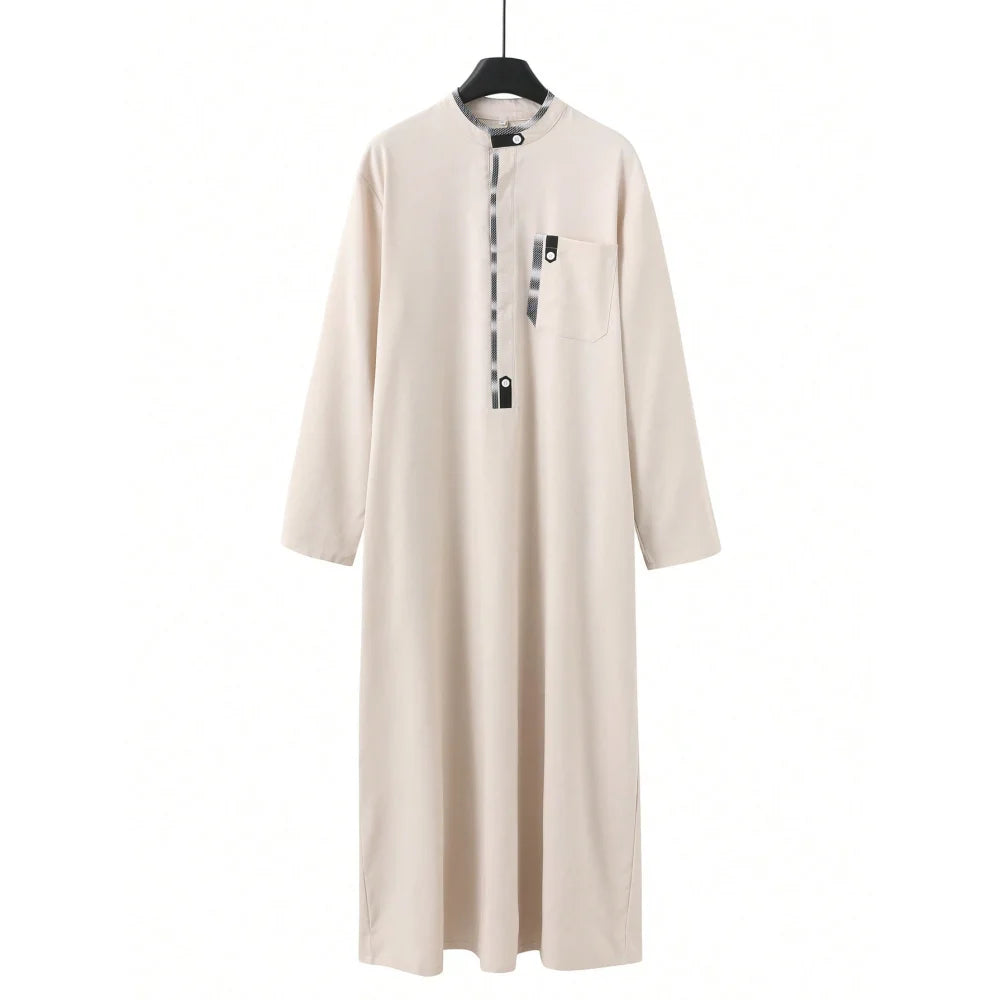 New Muslim Men's Robe Light Grey Elegant Retro Middle Eastern Ethnic Style Printed Button Men's Robe Simple Loose Casual Robe