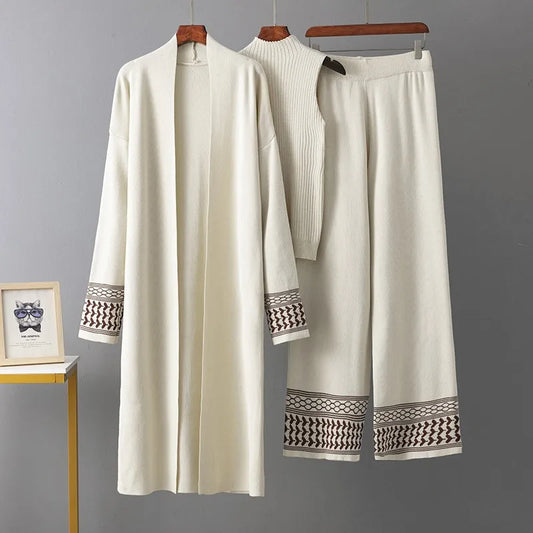 Eid Suit Women Cardigan Sweater Vest Wide Leg Pants Muslim 3 Piece Set Knitting Coat Trousers Morocco Dubai Knitwear Outfits