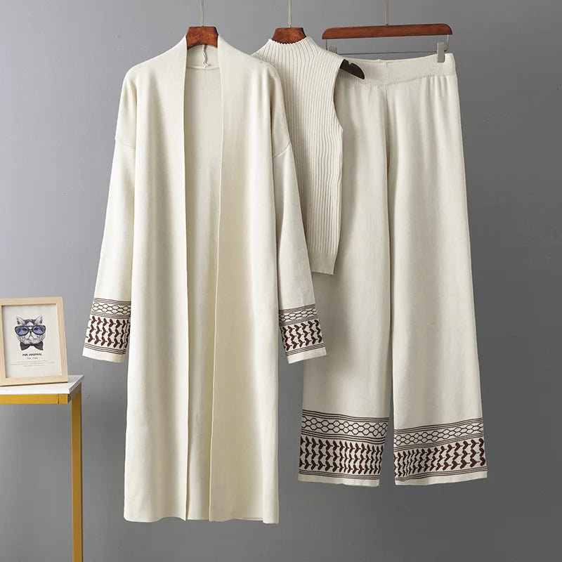 Eid Suit Women Cardigan Sweater Vest Wide Leg Pants Muslim 3 Piece Set Knitting Coat Trousers Morocco Dubai Knitwear Outfits