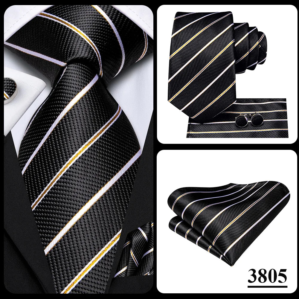 Hi-Tie Men Fashion Striped Navy Blue Necktie Handkerchief Cufflinks for Tuxedo Accessory Classic Silk Luxury Tie for Man Gift