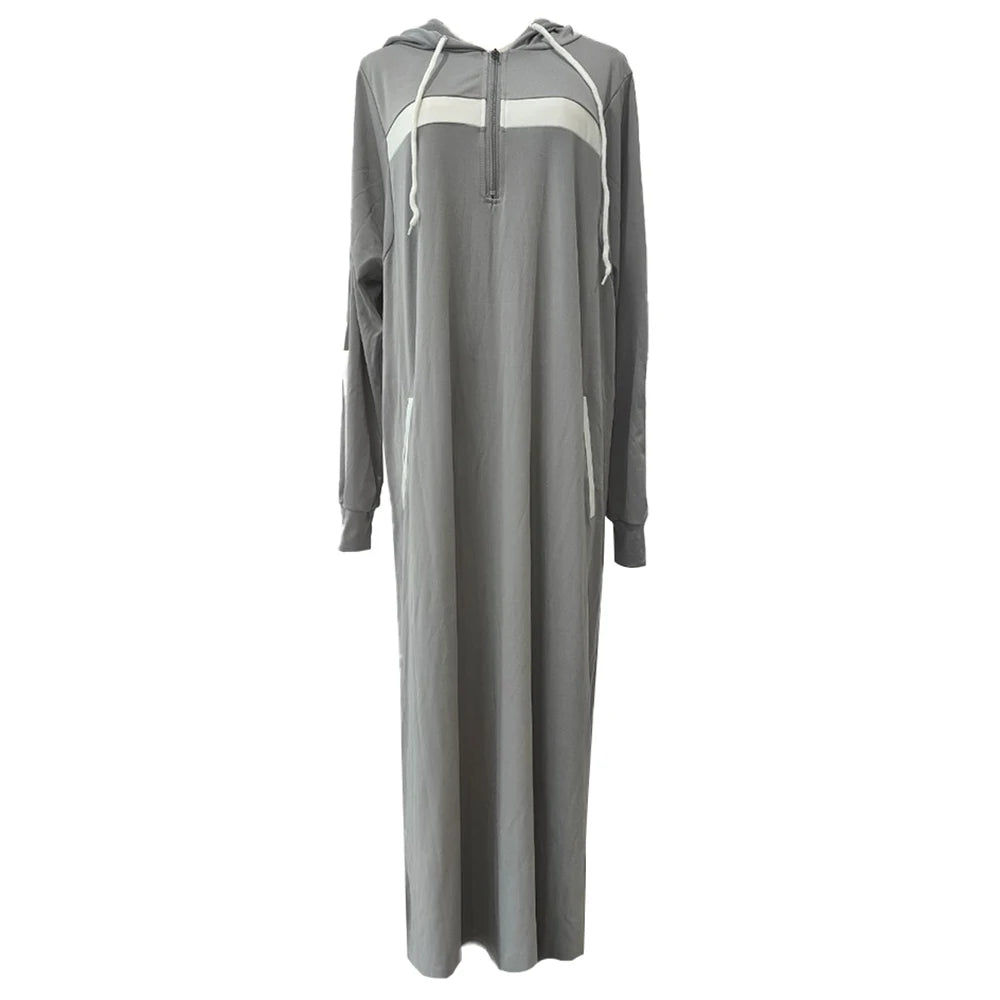 Mens Tops Muslim Middle Eastern Islamic Arabic Clothing Loose Striped Long Sleeve Drawstring Pockets Full Length Hooded Robe