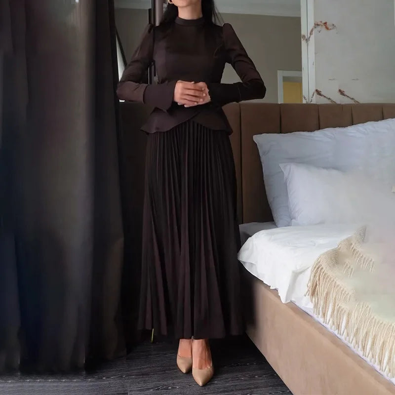 Long Skirt Suit Women Muslim 2 Piece Sets Top Pleated Skirts Modest Outfits Dubai Ramadan Irregular Tops Lace Up Ensemble 2025