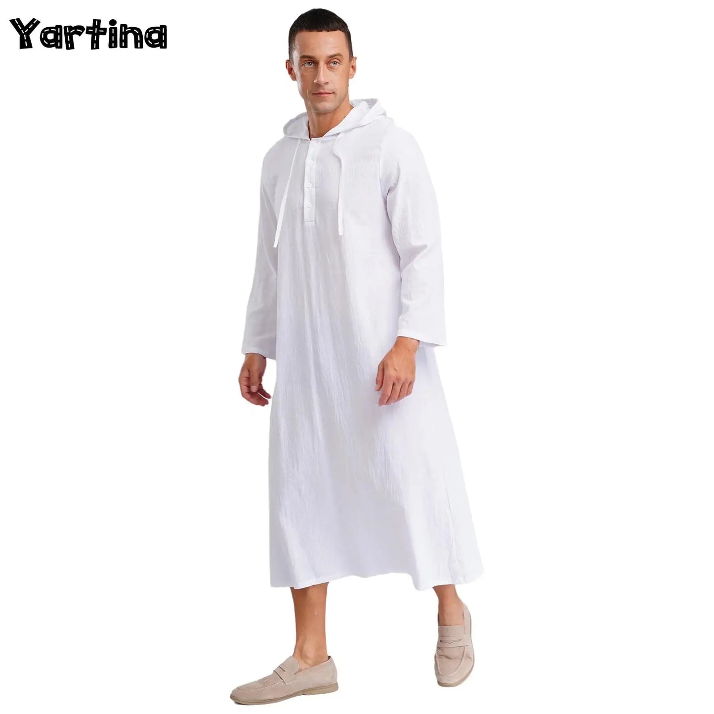 Mens Jubba Thobes Linen Muslim Robe Hooded with Pockets Middle East Islam Arabic Moroccan Kaftan Eid Prayer Long Robe Dress