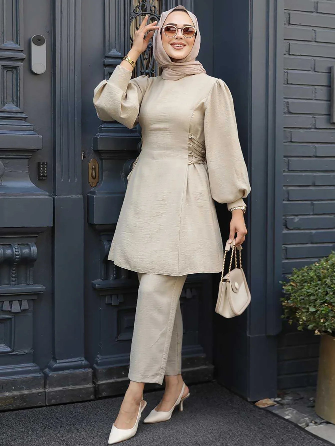 Muslim Women 2 Piece Set Women Lace Up Long Top Shirt Straight Pants Suit Ramadan Morocco Dubai  Ensemble Trousers Arabic Outfit