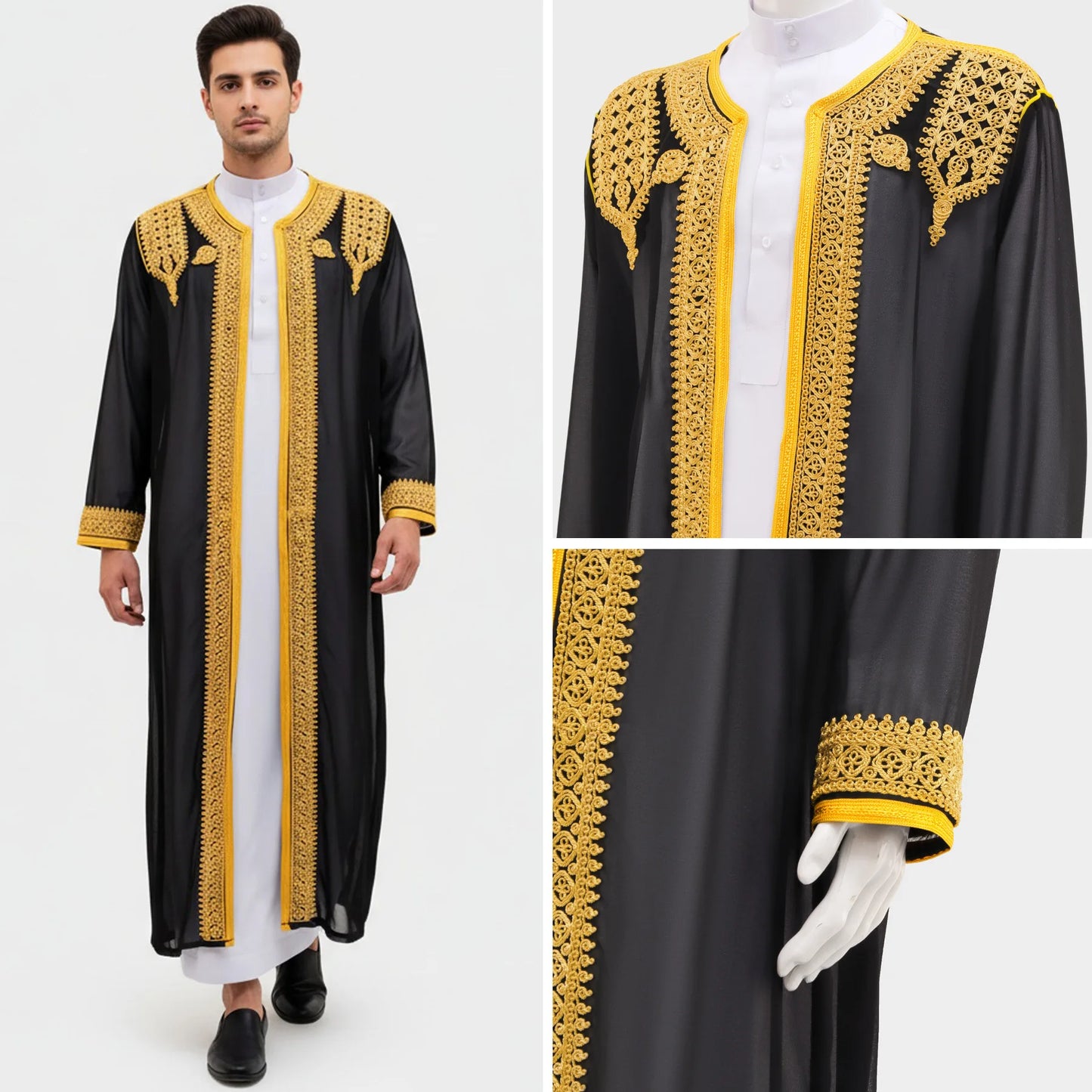 Middle Eastern Traditional Arabic Men's Robe Embroidered Thobe Thoub Dishdasha Jubba Eid Djellaba Open Kimono Abaya Saudi Robes