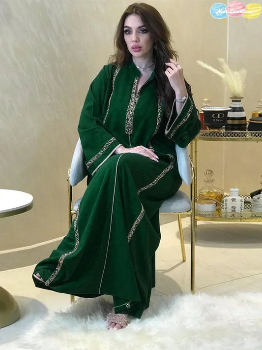 Ramadan Abaya Femme Musulmane Moroccan Kaftan for Woman Fashion Solid Diamonds Full Sleeve Loose Turkish Dubai Robe