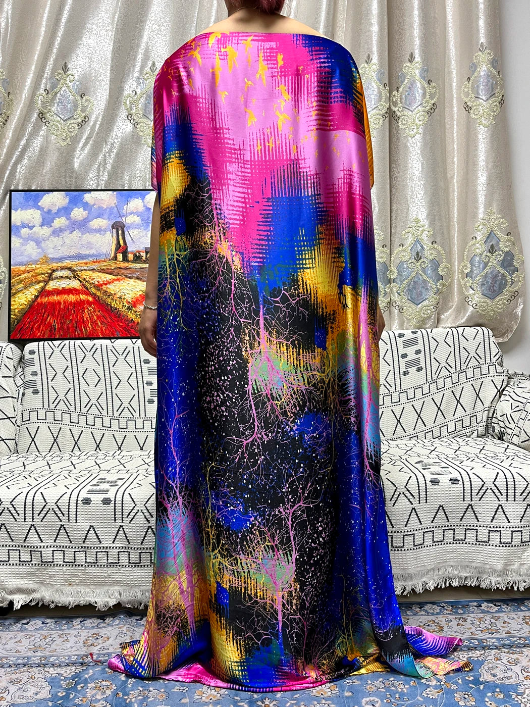 Abayas For Women 2023 Printed Silk Soft Loose Femme Robe Muslim Summer Fashion Clothing African Islam Woman Dresses With Turban