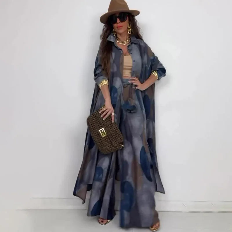 Eid Muslim Suits Women Print Blouses Wide Leg Pants Set Two Piece Musulman Ensemble Dubai Arabic Morocco Islam Casual Ramadan