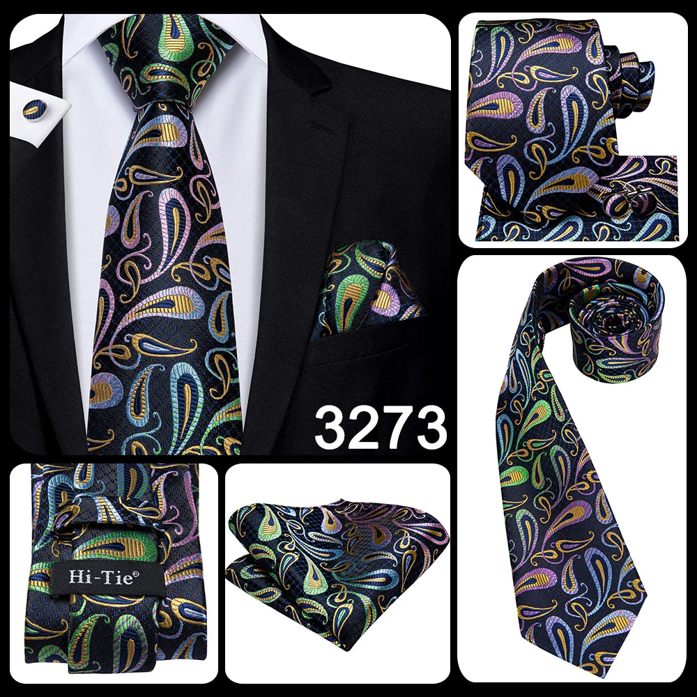 Hi-tie Design Black Solid Dot Silk Wedding Tie For Men Hanky Cufflink Gift Men Necktie Gravata Set Fashion Business Dropshipping