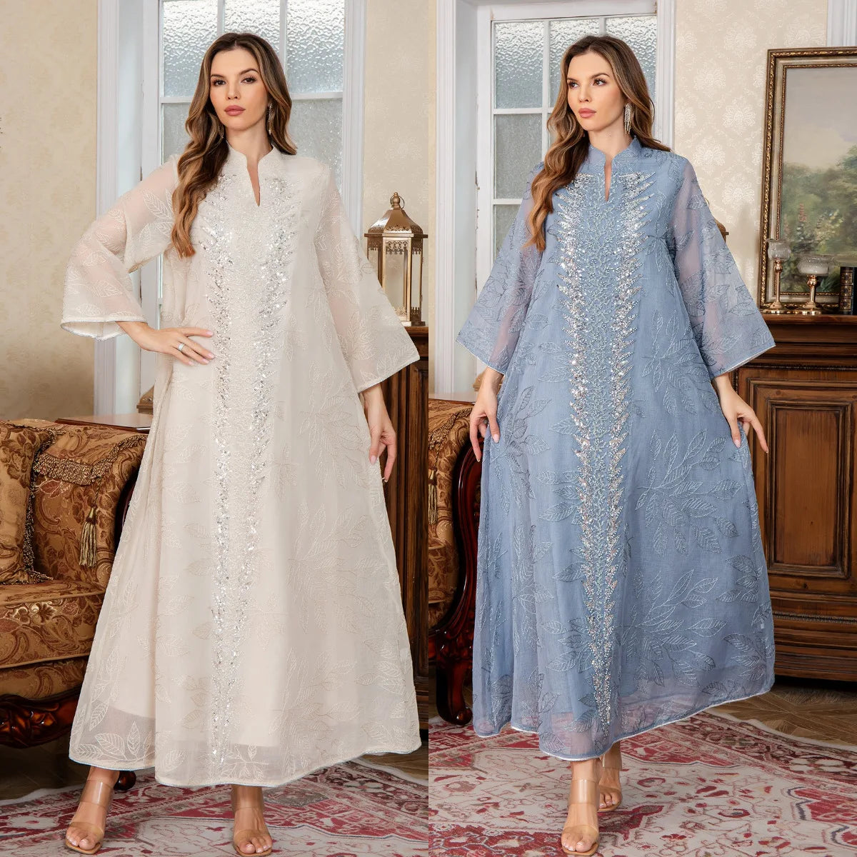 Women Dress Eid Muslim Abaya Party Dresses Sequins Ramadan Mesh Embroidery Jalabiya Dubai Abayas Kaftan Vestidos Arab Long Robe