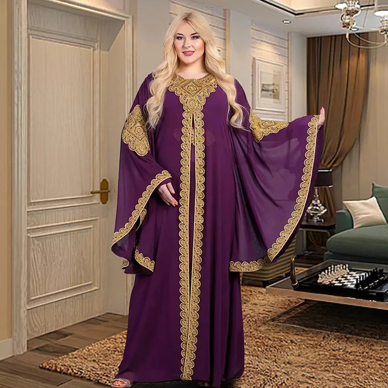 Women Abaya Party Dresses Muslim Caftan 2 Piece Set Eid Flare Sleeves Robe Embroidered Gold Lace Dress Suit Jalabiya Ramadan