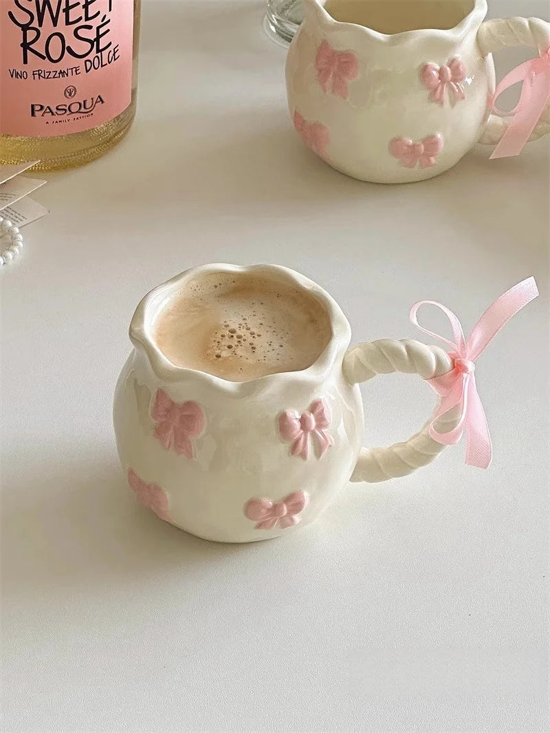 Cute Bow Thickened Ceramic Cup Hand Bow Irregular Mug Cups Coffee Milk Drinks Cup