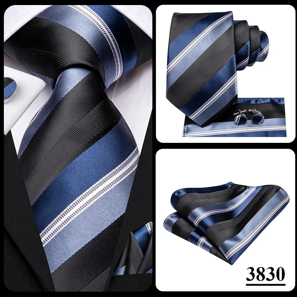 Hi-Tie Men Fashion Striped Navy Blue Necktie Handkerchief Cufflinks for Tuxedo Accessory Classic Silk Luxury Tie for Man Gift