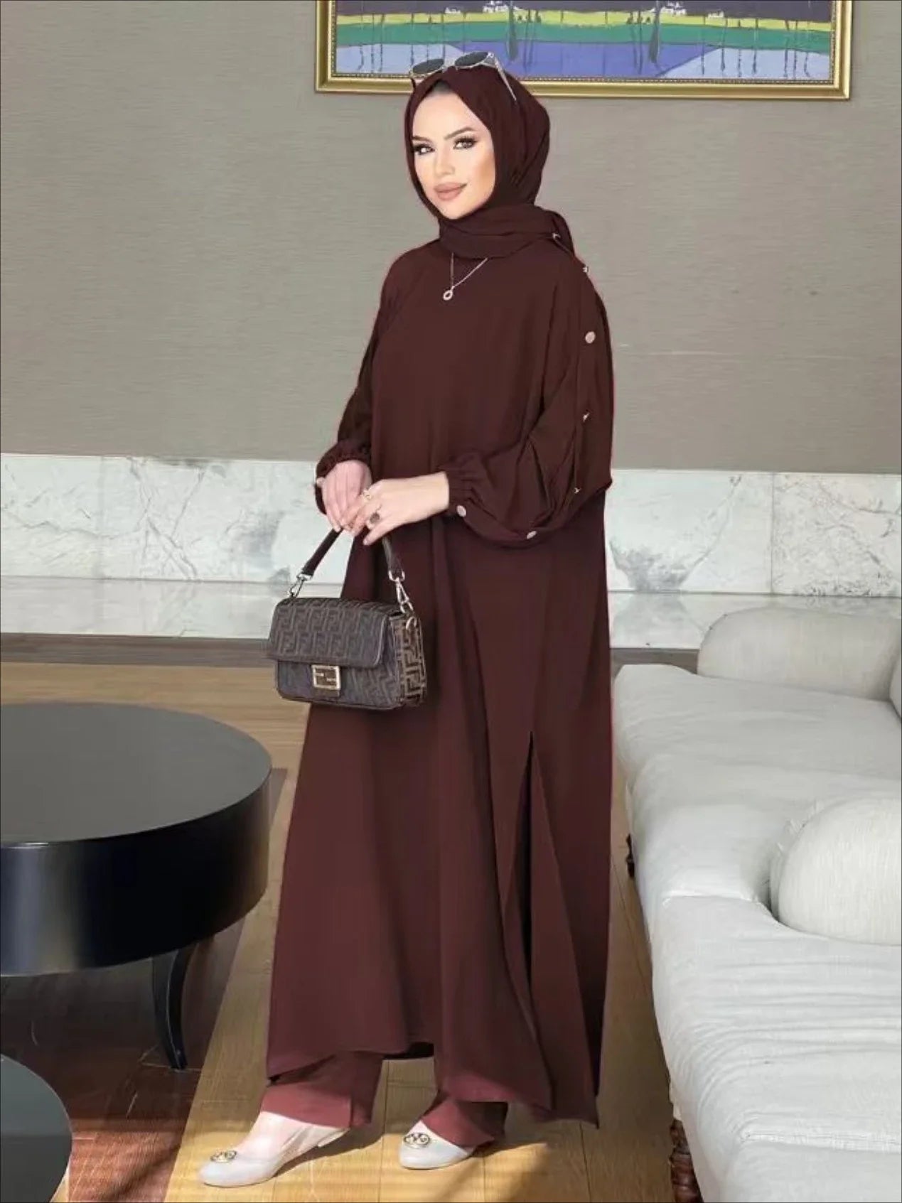 Blouse 2 Piece Set Muslim Set Dress Women Long Sleeve Abaya Shirt Wide Leg Pant Suits Arabic Dubai Dresses Musulman Ensembles