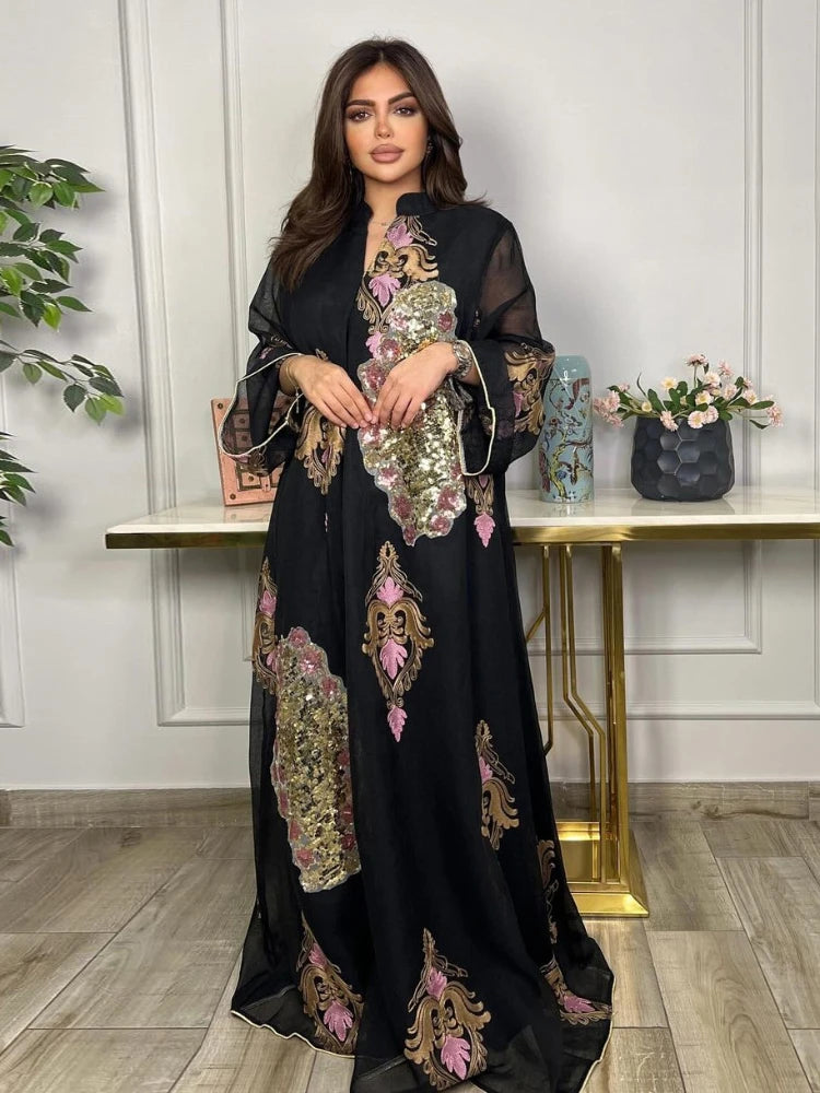 Morocco Dress for Women Muslim Abaya India Stand Collar Abayas Enbroidery Sequins Party Dresses Kaftan Longue Vestidos Largos