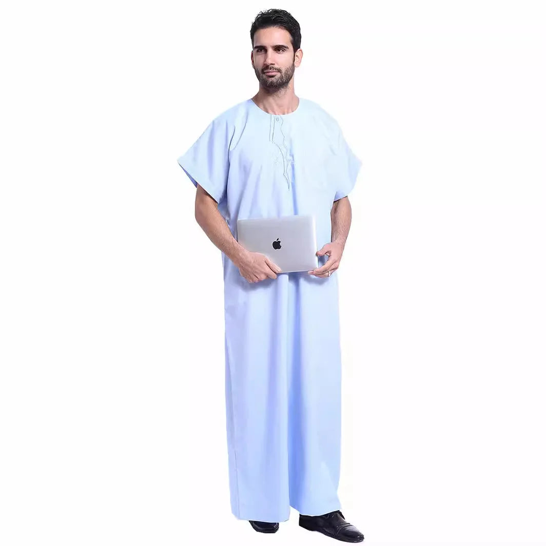 Muslim Kaftan for Men Round Collar Blue White Spring Elegant Robe Arab Vintage Long Sleeves Thobe Robe Turkey Embroidered