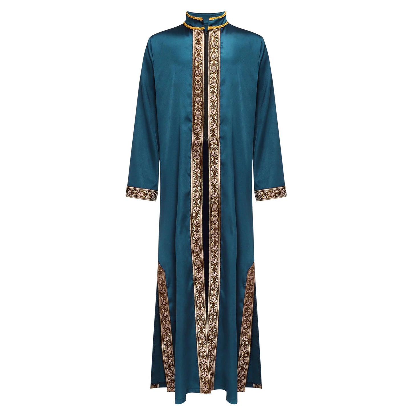 Boys Gold Embroidery Maxi Muslim Thobe Kaftans Arab Gown Islamic Robe Cosplay Long Sleeves Coats Festival Holiday Costume