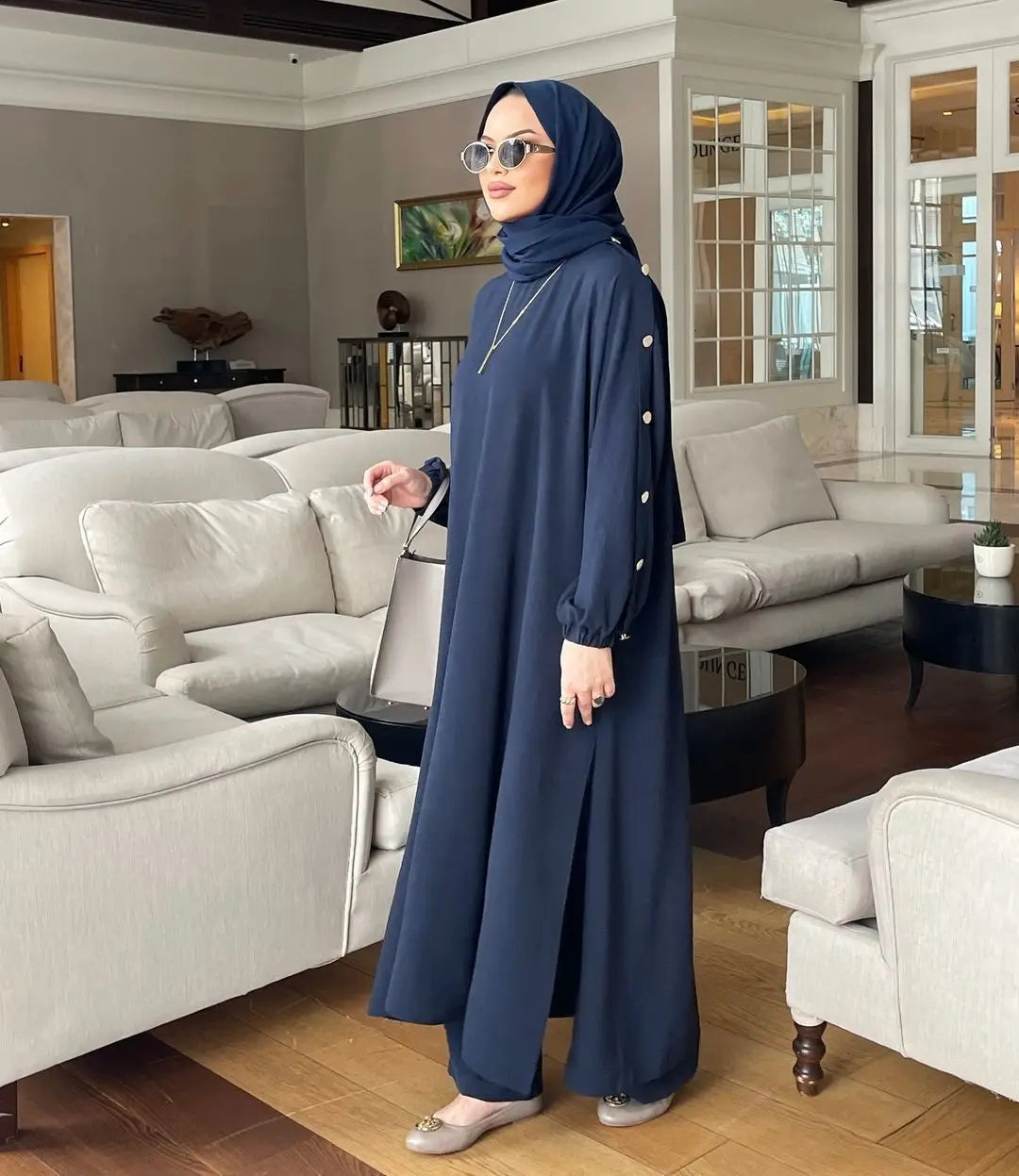 Blouse 2 Piece Set Muslim Set Dress Women Long Sleeve Abaya Shirt Wide Leg Pant Suits Arabic Dubai Dresses Musulman Ensembles