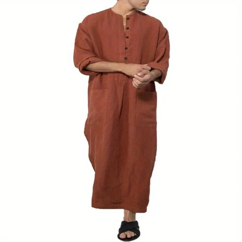 Dubai Style Loose Stand Collar Long Sleeve Thobe Traditional Islamic Casual Wear for Daily Use