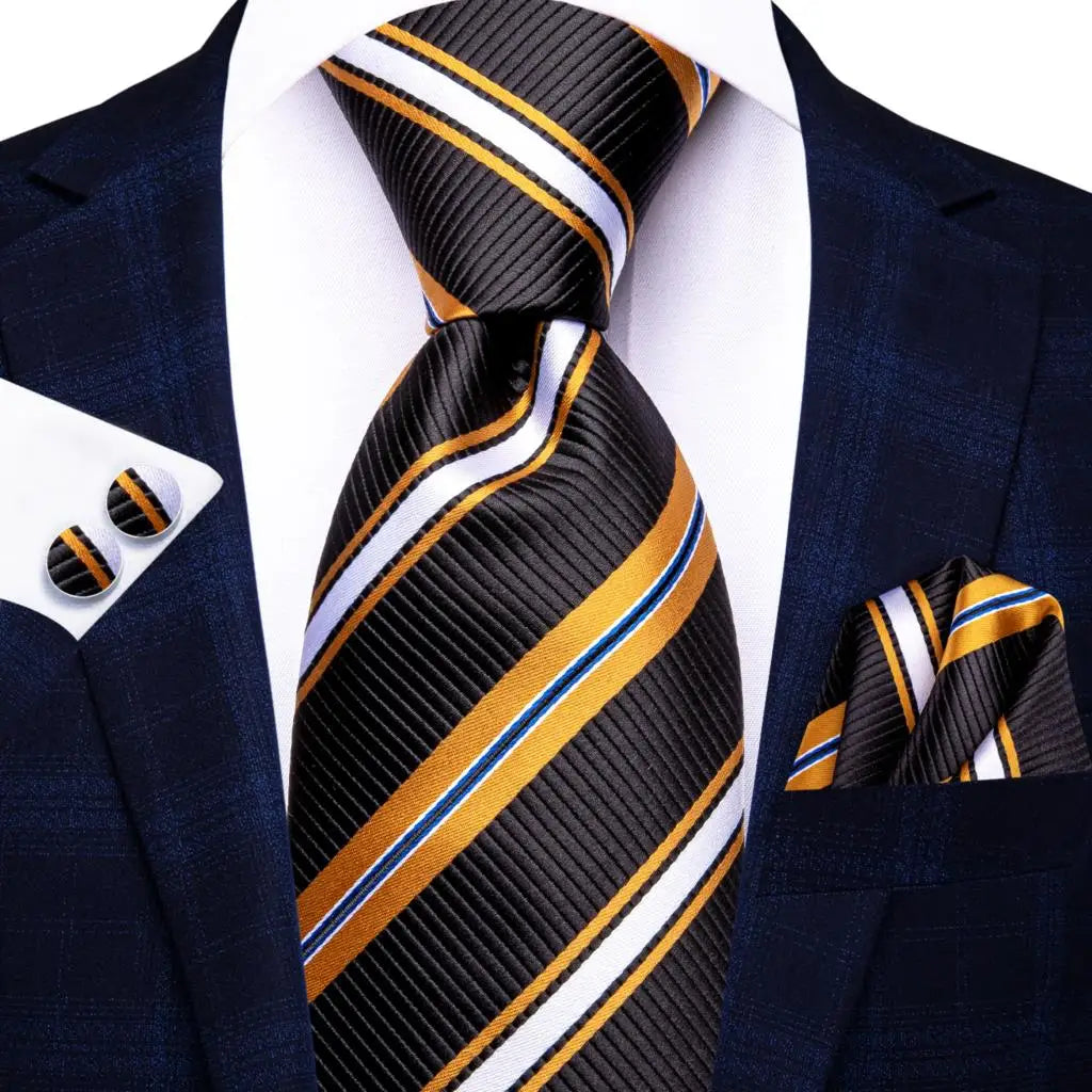 Hi-Tie Men Fashion Striped Navy Blue Necktie Handkerchief Cufflinks for Tuxedo Accessory Classic Silk Luxury Tie for Man Gift