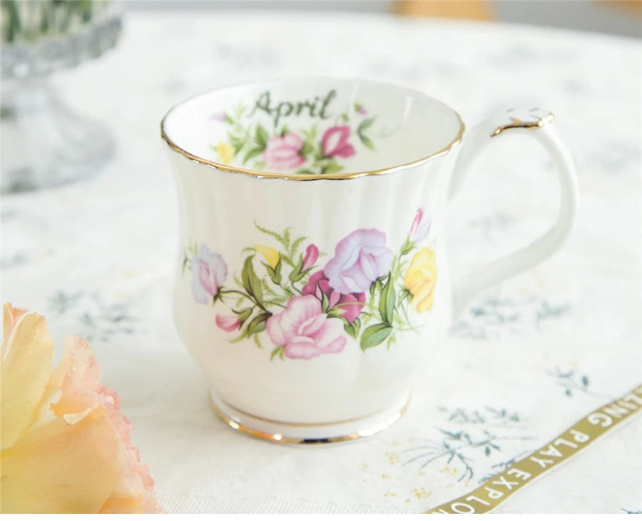 Retro Coffee Mug Ceramic Exquisite Seasonal Flower Printed Couple Cup Bone China Creative Gift Home Drinkware Breakfast Milk Mug