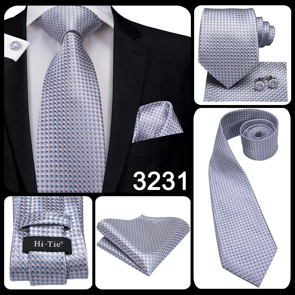Hi-Tie New Clasic Grey Tie for Men Silk Fabric Jacquard Woven Tie Hanky Cufflinks Set for Men Designer Fashion Silk Ties SN-1466