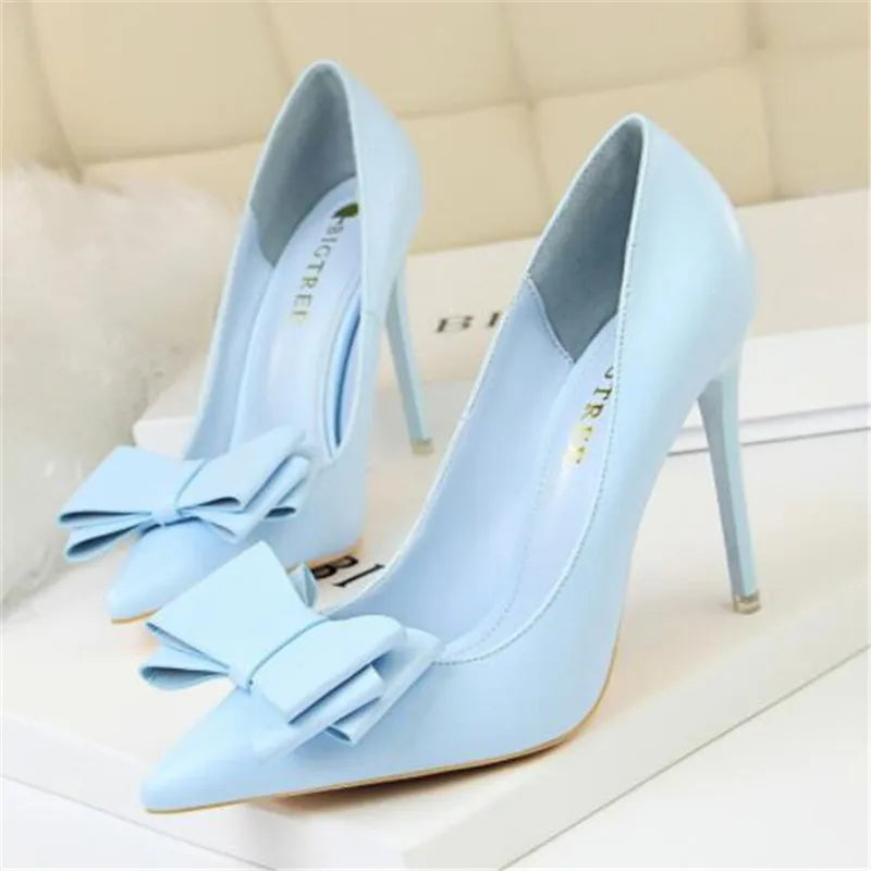 2025 Fashion Delicate Sweet Bowknot High Heel Shoes Side Hollow Pointed Women Pumps Pointed Toe 10.5CM thin Dress Shoes