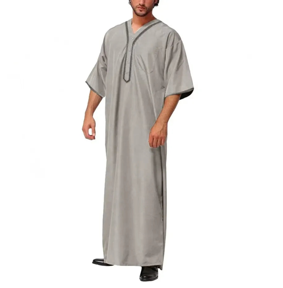 2026 New Men's Muslim Thobe Long Sleeve Button Down Shirt Arabic Islamic Robe Loose Fit Casual Prayer Wear for Ramadan Eid
