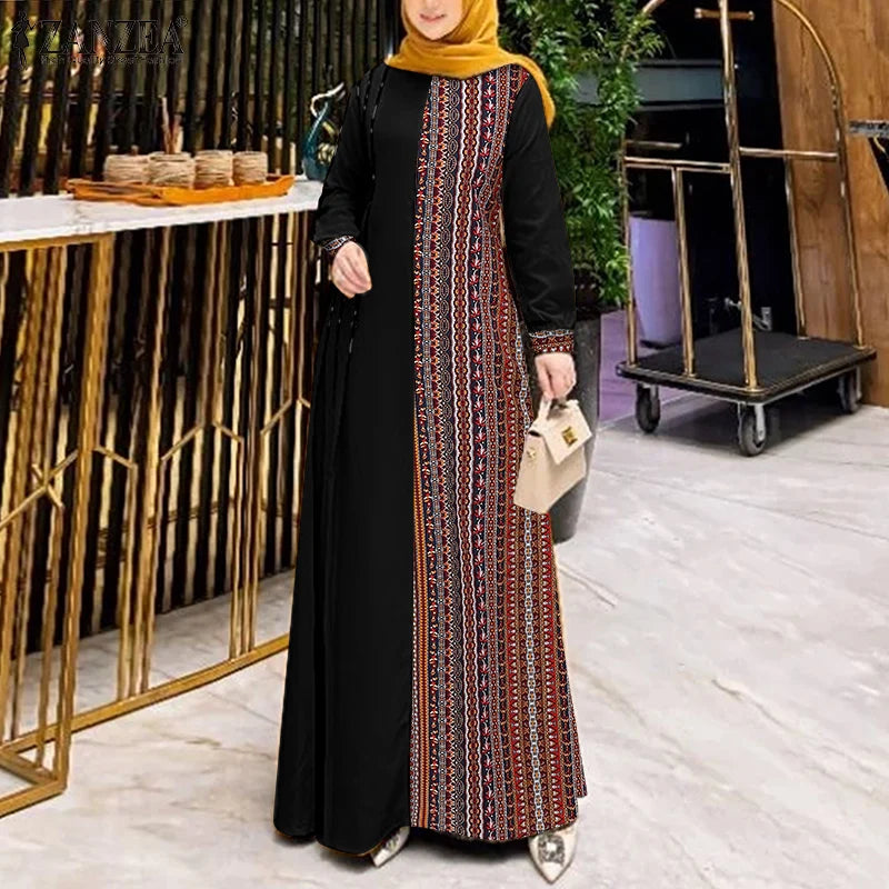 ZANZEA Women Ethnic Printed Panels Maxi Dress Long Sleeve Hijab O Neck Muslim Islamic Patchwork Vestidos Loose Casual Abaya Robe