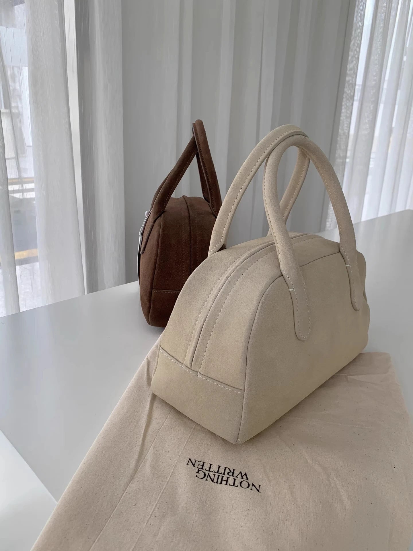 Nothingwritten Suede Leather Bowling Bag Handheld Boston Bag Women's Handbag Korean Sle Hard Handle Canvas  Zipper Cl...