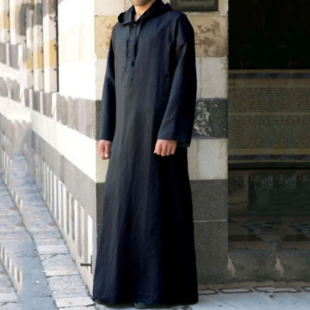 Men's Arabic Style Long Hooded Shirt Muslim Robe Thobe for Dress up And Cosplay Traditional Cultural Fashion