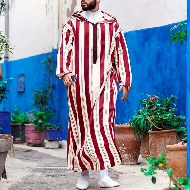 2026 Muslim Men Jubba Thobe Long Sleeve Striped Hooded Breathable Robes Men Thobe Robe Loose Dubai Saudi Arab Kaftan Men Clothes