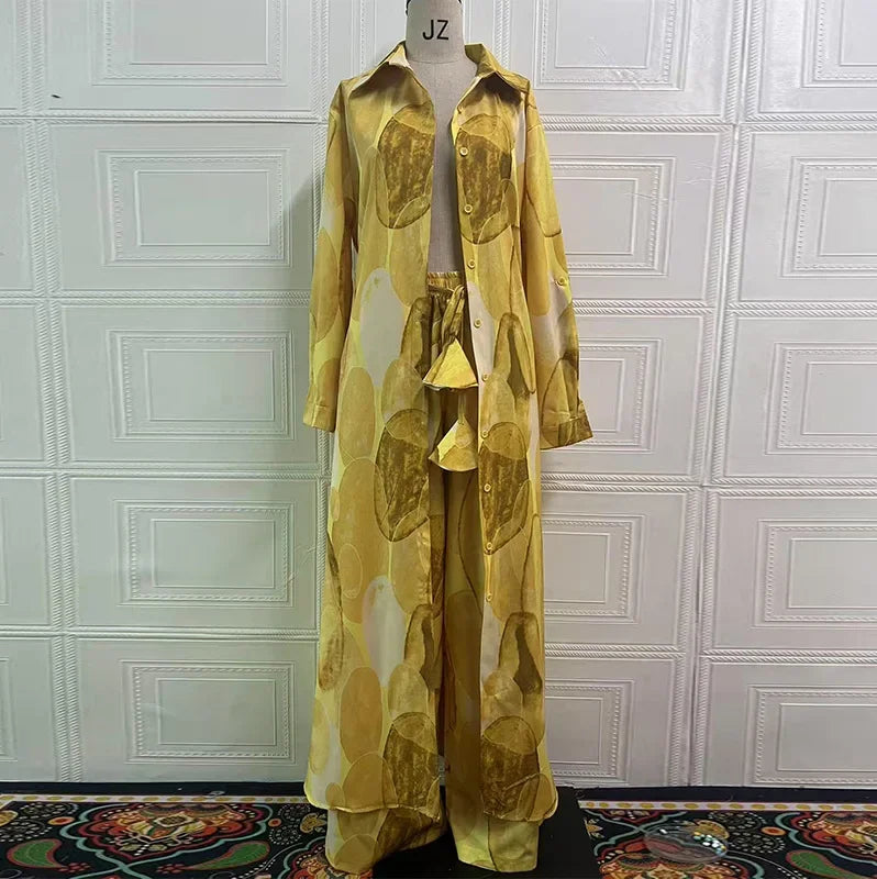 Eid Muslim Suits Women Print Blouses Wide Leg Pants Set Two Piece Musulman Ensemble Dubai Arabic Morocco Islam Casual Ramadan