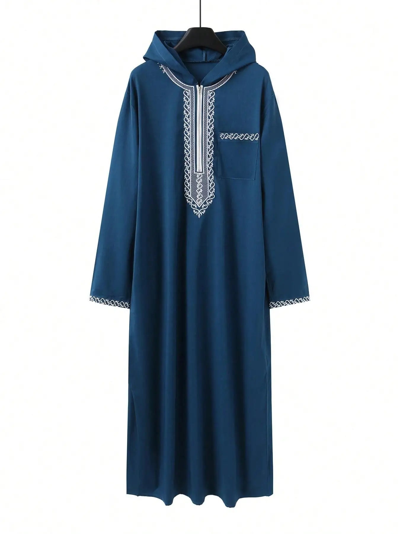 Muslim Men's Black Hooded Zippered Embroidered Robe for Festival Prayer And Worship Clothing