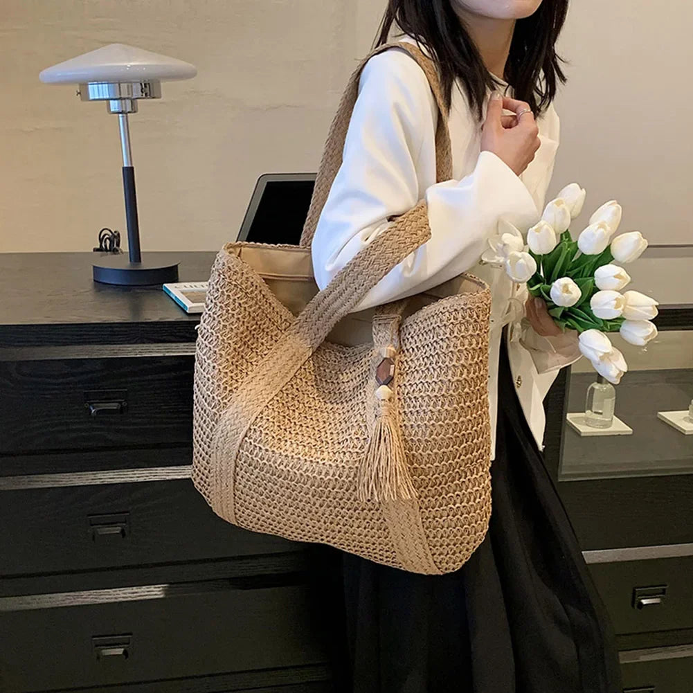 Straw Bag for Women Handmade Woven Shoulder Bag Large Capacity Tote Bags with Pendant Armpit Bag Top-handle Handbag Purse