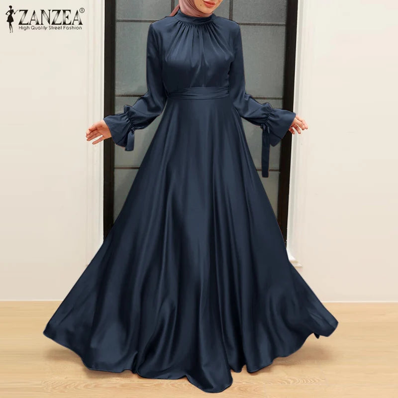 Elegant Muslim Dress Abaya Women Long Dress 2025 ZANZEA Long Sleeve Satin Party Sundress Robe Femme Turkey Hijab Vestidos Kaftan