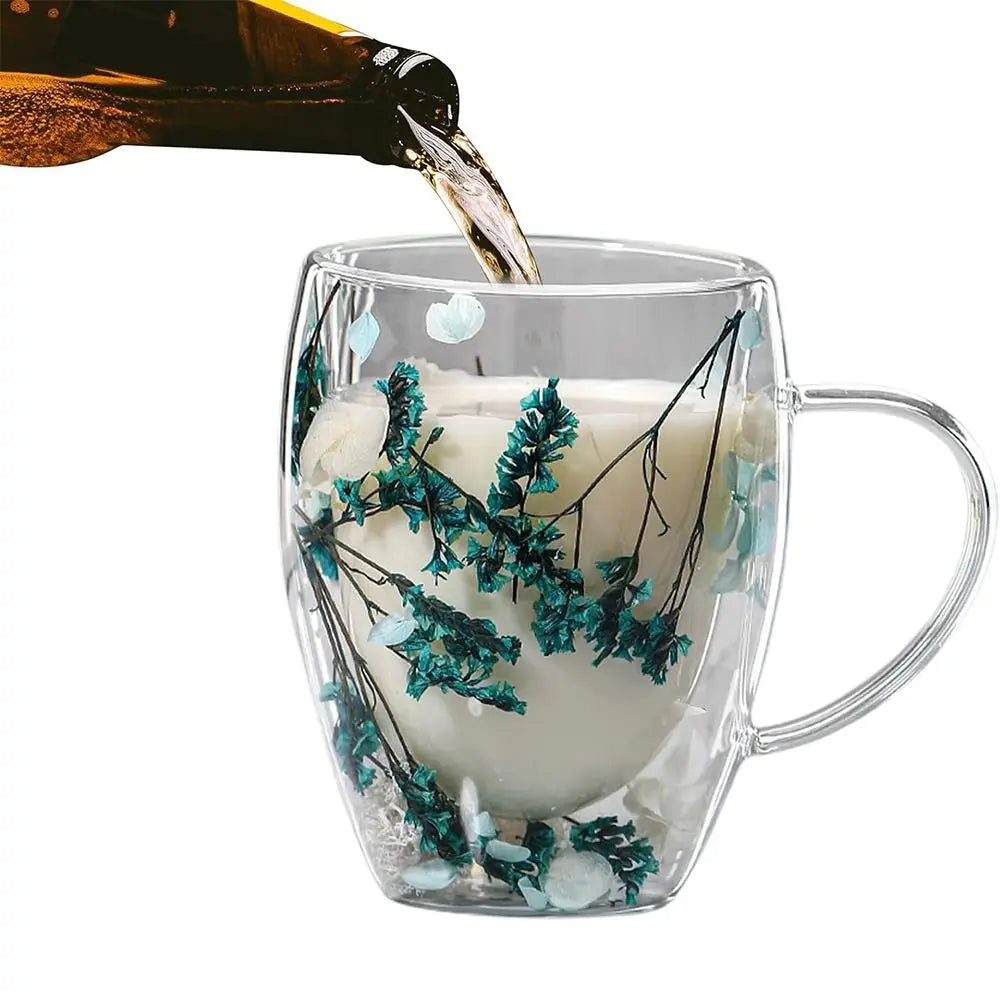 Dried Flowers Double Walled Coffee Mug 350ml Dried Flowers Glass Mugs Unique Creative Flower Mug with Handle Anti-Scalding Mug