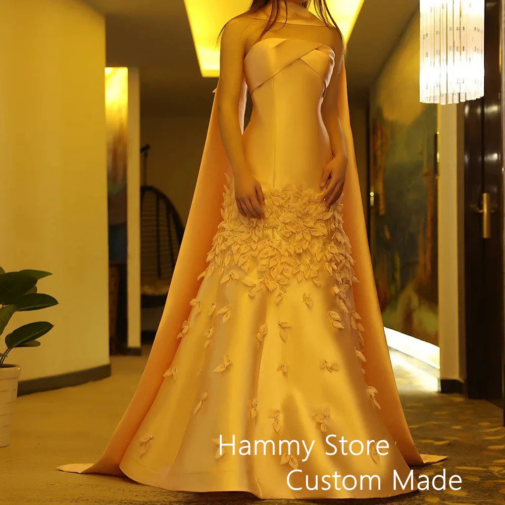 Luxury Evening Dress Handmade Floral Petals Beading Strapless Sleeveless Satin Mermaid Prom Dresses Saudi Arab Party Gown