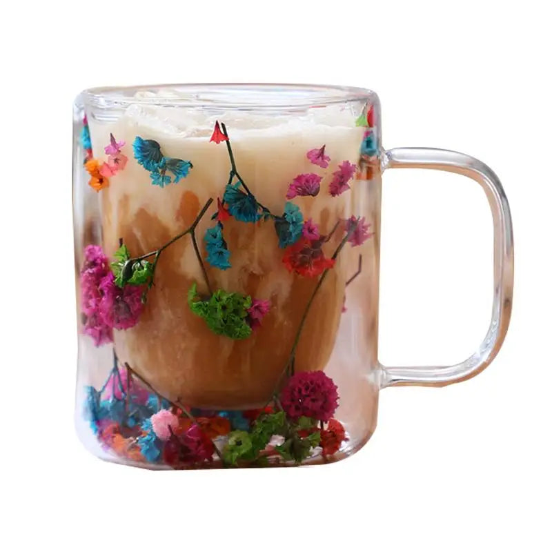 250ml Double Wall Glass Coffee Mug Dried Flowers Heat-Resistant Glasses Cup Flower Glass Mug Flower Decorated Coffee Cup tea cup