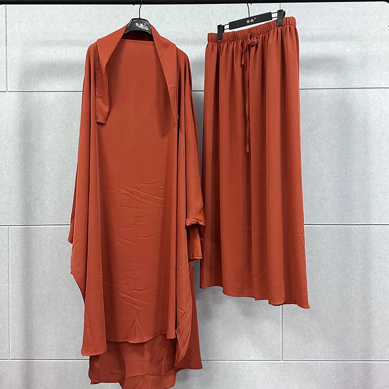 2PCS Women Eid Hooded Muslim Hijab Dress Set Prayer Garment Robes Abaya Khimar Full Cover Ramadan Gown Abayas Islamic Clothing