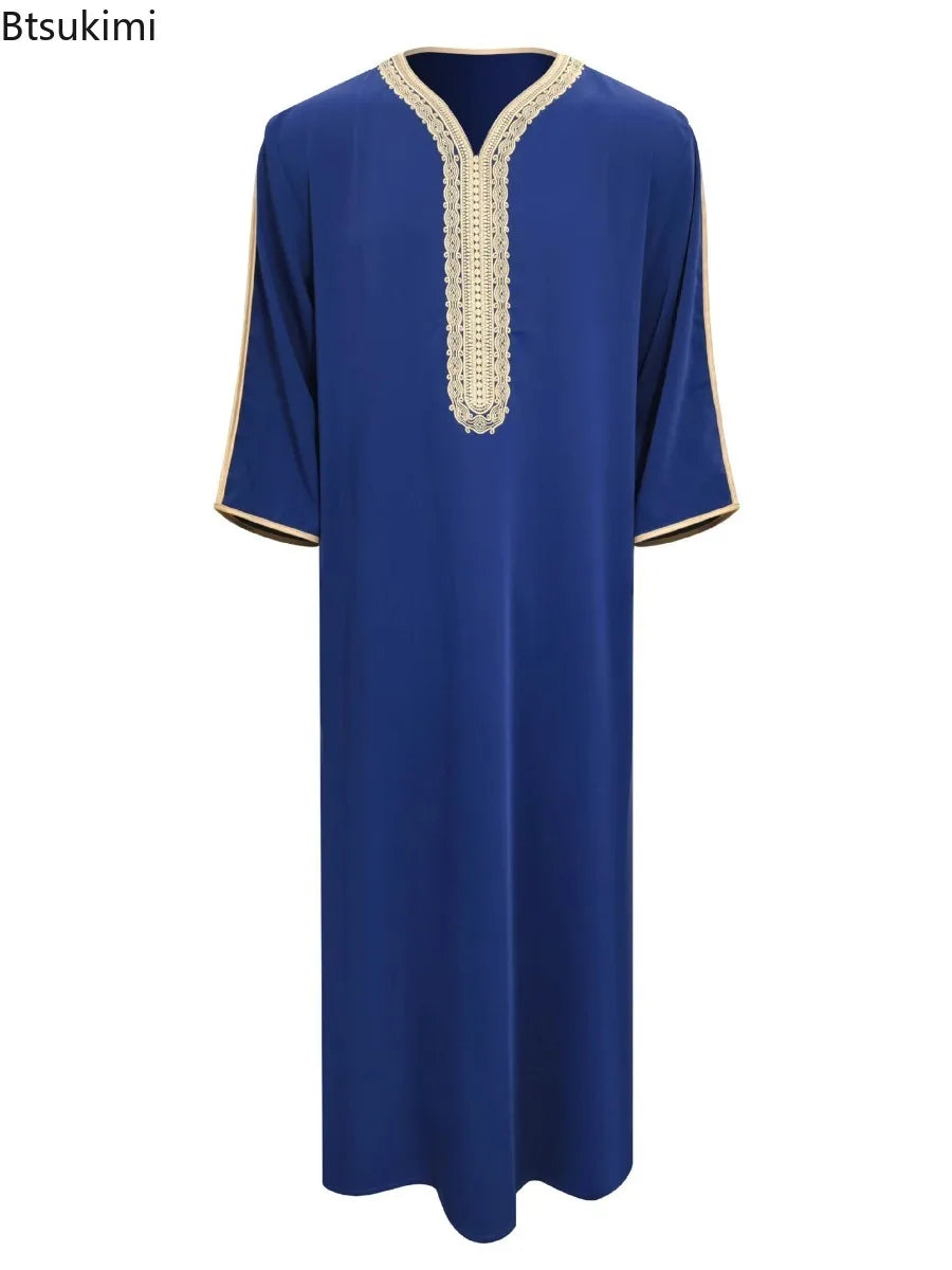 Ethnic Style Kandouras Thobe for Men Jabador Gandoura Side Pockets Embroidery Abaya Long Sleeve Muslim Kaftan Vintage White Robe