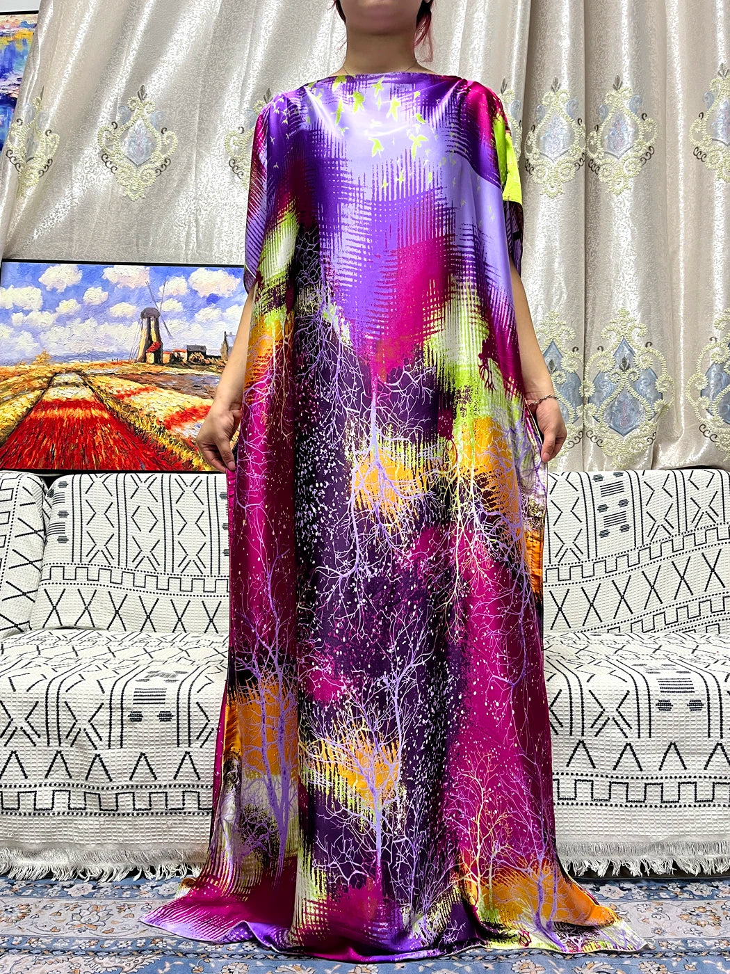 Abayas For Women 2023 Printed Silk Soft Loose Femme Robe Muslim Summer Fashion Clothing African Islam Woman Dresses With Turban